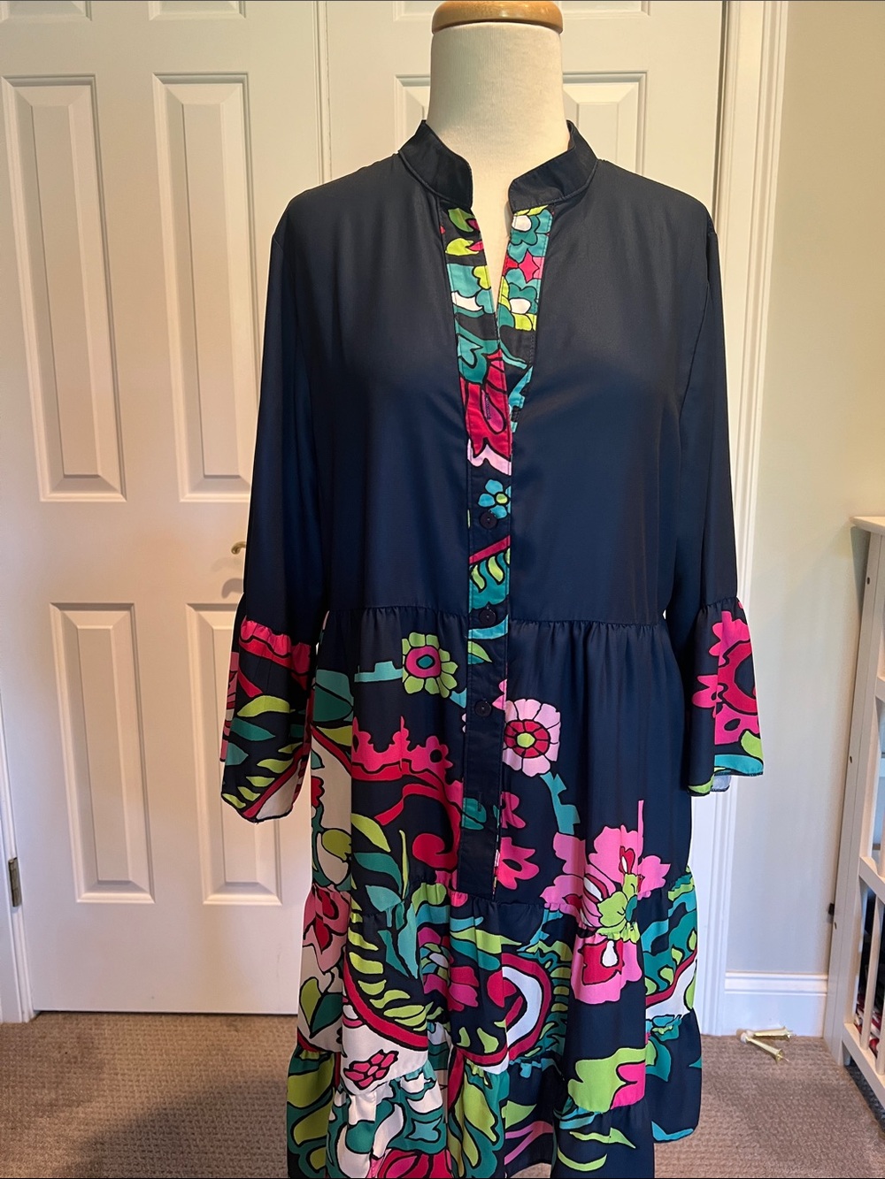 Navy Floral Button-Front Tunic Dress with Pink & Green Print